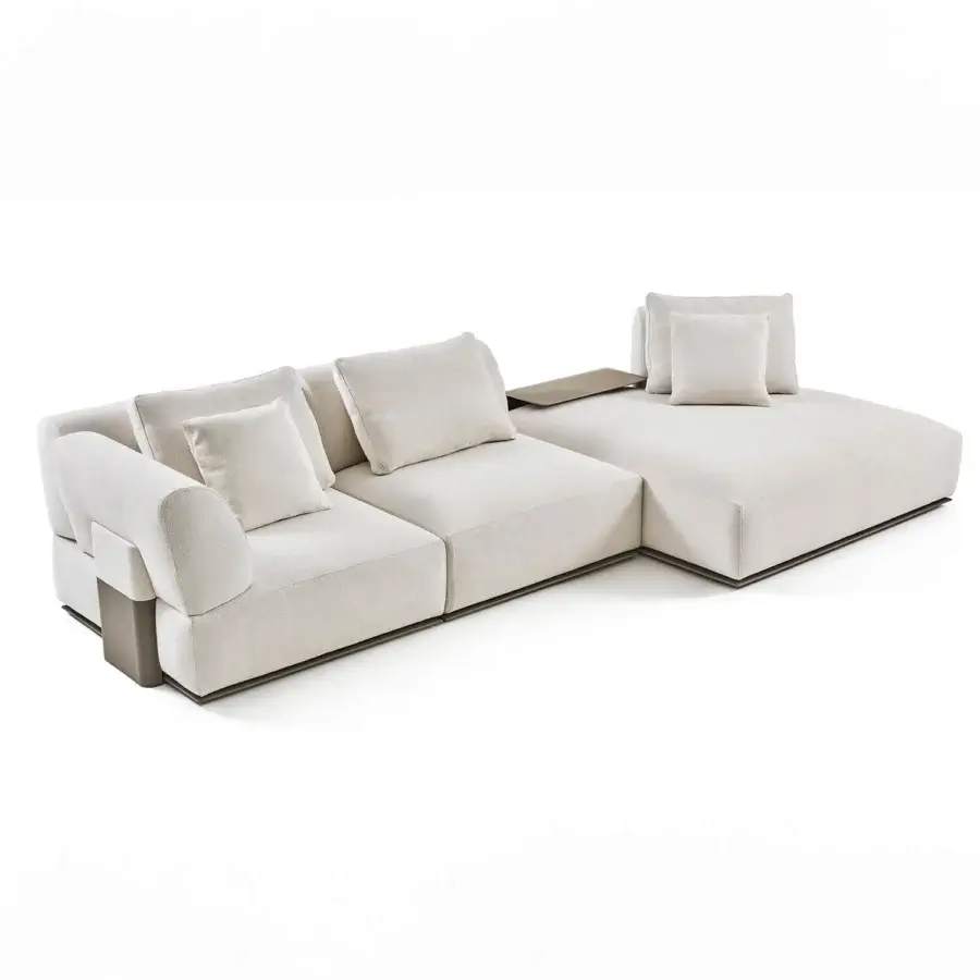 Distinguished Rugiano Hatton sectional upholstered in textured off‑white textile on brown leather base with marble tray