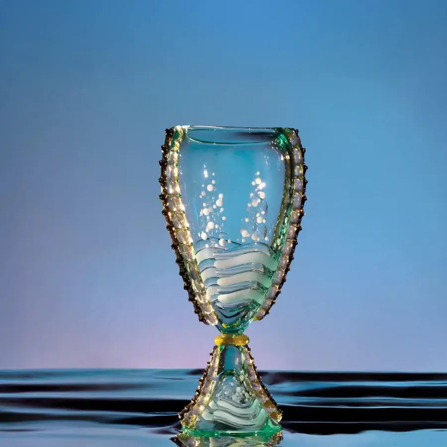 Luxury Duccio di Segna vase with reflective glossy glass, aqua hue, tapered body, gold‑amber accents, bubble inclusions