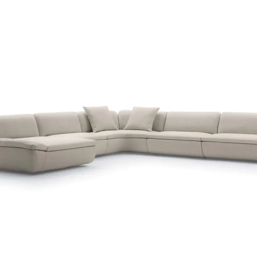 Luxury Ditre Italia Deck Sectional with creamy beige canvas and contrasting black tray, upholstered in vertical‑grain railroaded textile on solid fir and engineered panels with matte finish