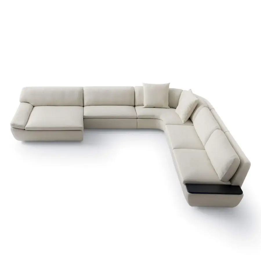 Elegant Ditre Italia Deck sectional in light beige fabric with railroaded vertical grain finish, solid fir wood frame, dark matte tray
