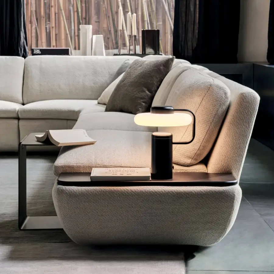 Elegant Ditre Italia Deck sectional with light beige fabric, textured vertical‑grain finish and solid fir frame