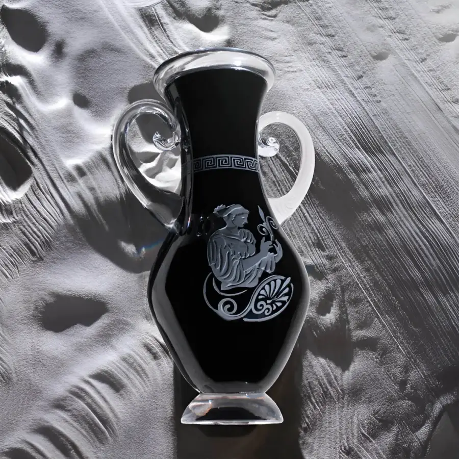 Luxury Anfitrite Amphora vase with black opaque body, clear glass rim and base, Greek key band, figure, glossy finish