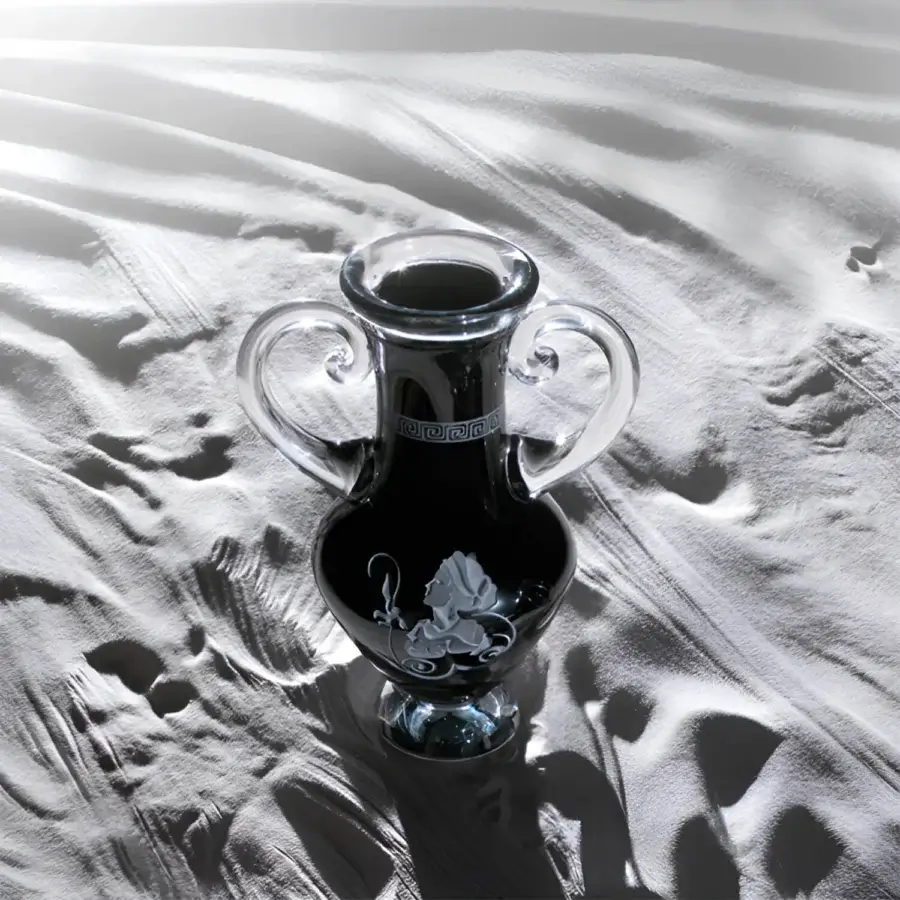 Luxury Duccio di Segna Amphora vase with deep black body and glossy crystal finish featuring white Greek‑key patterns