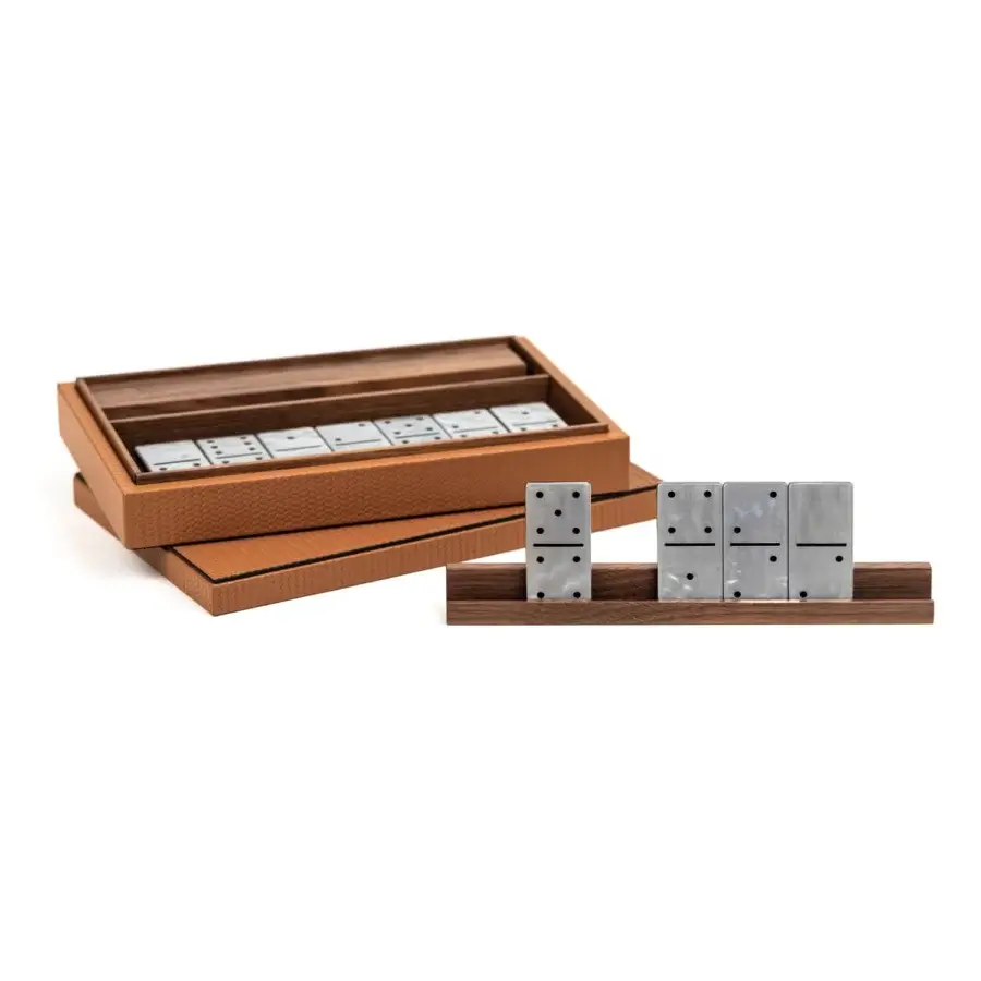 Elegant Pinetti Dominoes set with fine leather exterior, walnut interior, and white‑grey marbled tiles plus black‑piped dominoes