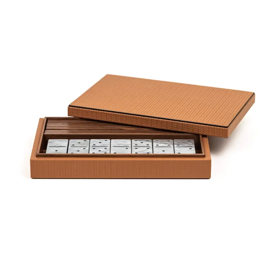Luxury Pinetti Dominoes set featuring a dark‑brown wooden core with tan leather‑look finish and rows of white plastic dominoes