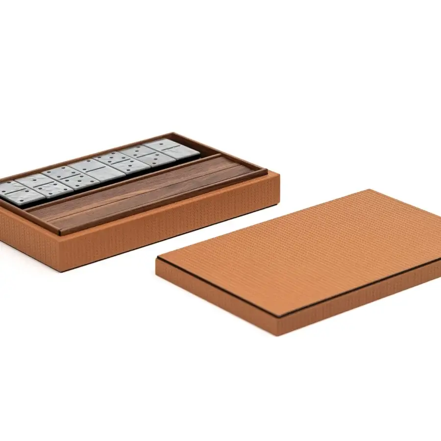 Refined Pinetti Dominoes set with matte pebbled tan synthetic storage box, dark brown wood dividers, and light gray tiles