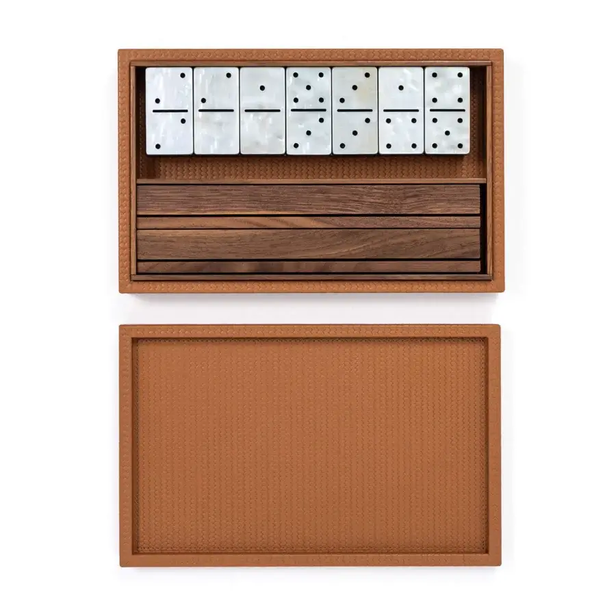 Elegant Pinetti Dominoes set with dark brown wooden frame, tan leather‑like interior, glossy white tiles, black dots
