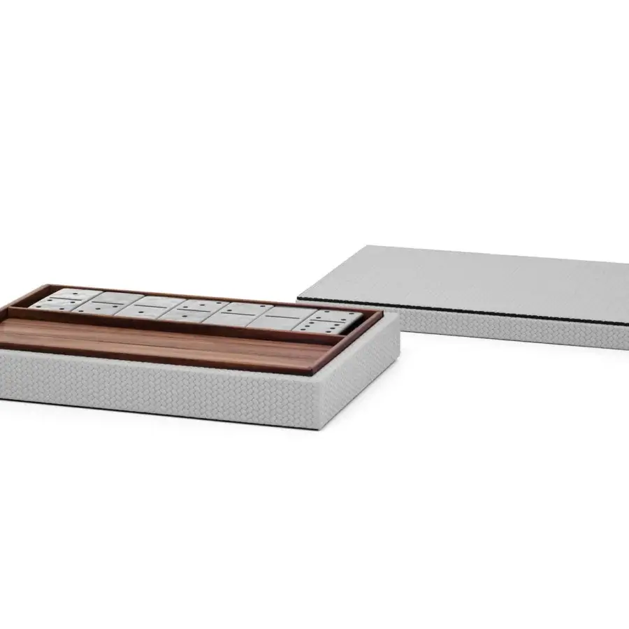 Sleek Pinetti Dominoes board‑game set with white textured lid and brown wooden tray holding white dominoes with black dots
