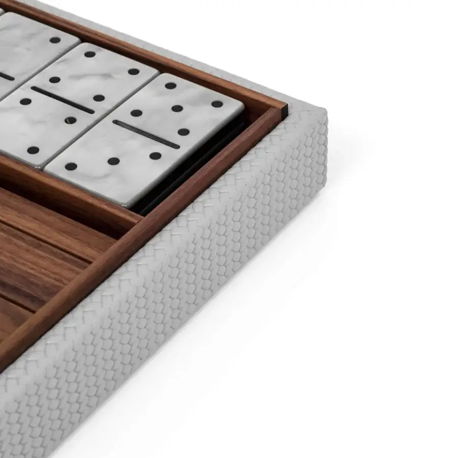 Luxury Pinetti Dominoes board game with dark‑brown wooden tray, light‑grey textured border, glossy white marbled dominoes, black pips