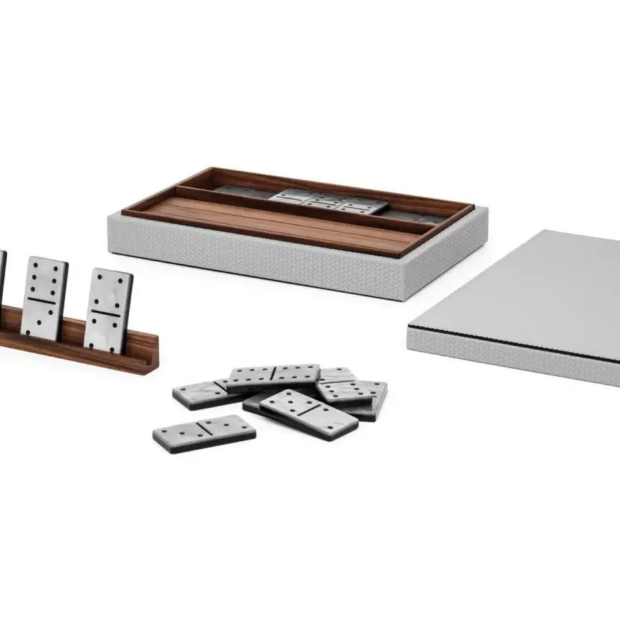 High-end Pinetti Italian Dominoes board-game dark‑brown wood base and rack, textured wrap, polished stone‑like tiles white, grey, black finish