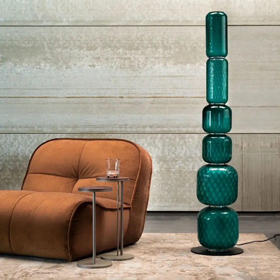 Premium Cattelan Italia Wanted floor lamp with glass modules in teal-green and black base, glossy finish, Balloton pattern