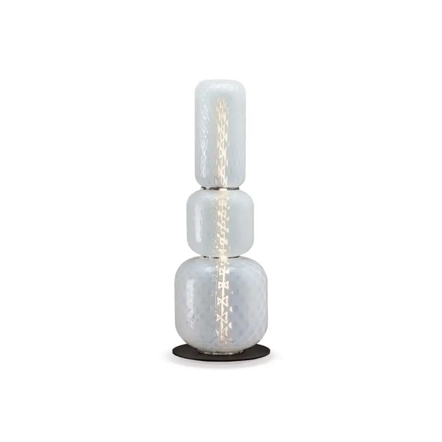 Elegant Cattelan Italia Wanted floor lamp in white textured glass with Balloton diamond pattern, silver rings, dark matte base