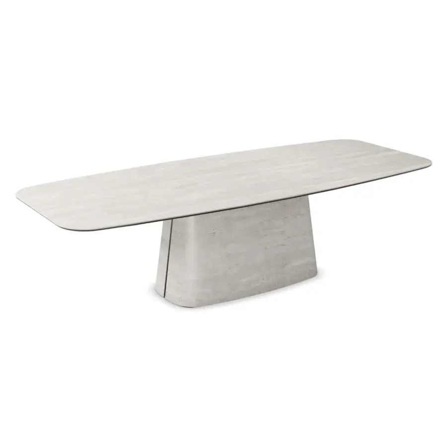 Luxury Cattelan Italia Napoleon Keramik Outdoor Table with ceramic top finished in natural marble‑inspired sheen, soft cream and light gray veining, resting on textured stone‑like pedestal tapering to a rounded edge