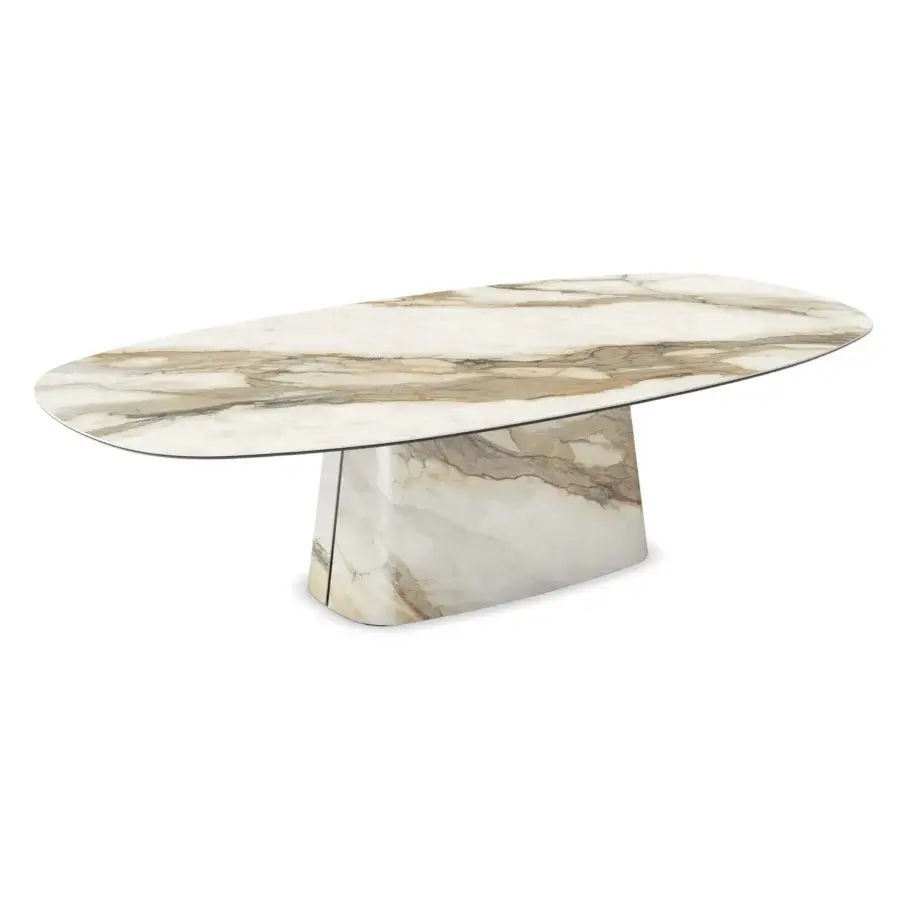 Luxury Cattelan Italia Napoleon Keramik table with ceramic marble finish, white veined grey gold beige and sculptural pedestal