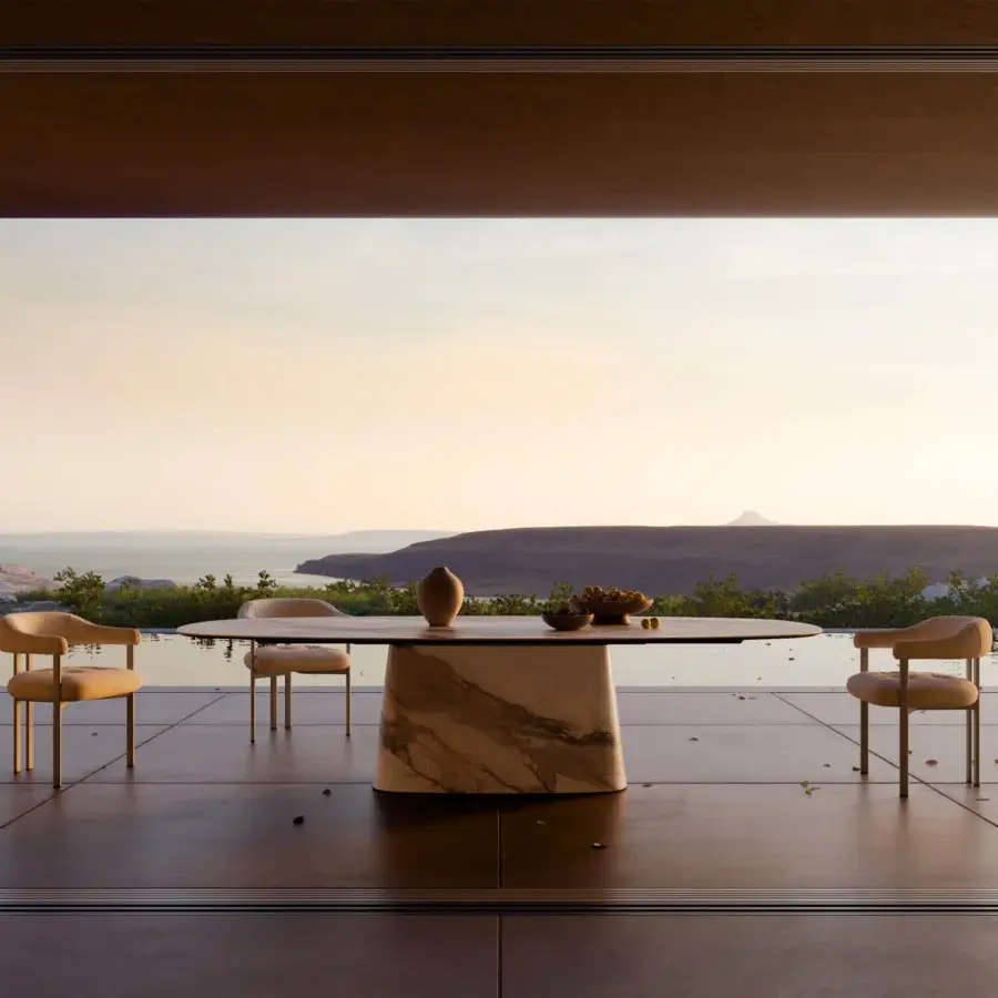 Luxury Cattelan Italia Napoleon Keramik outdoor table with matte dark brown ceramic top and off‑white stone‑clad base veined subtle brown and grey