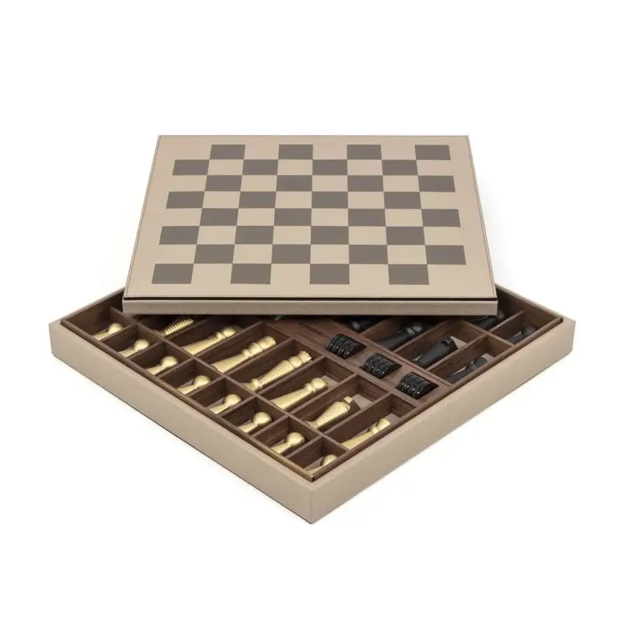 Luxury Pinetti Chess & Checkers Game Board with walnut wood and leather accents, taupe‑beige texture, gold‑brass pieces, dark‑black checkers, elegant lid squares