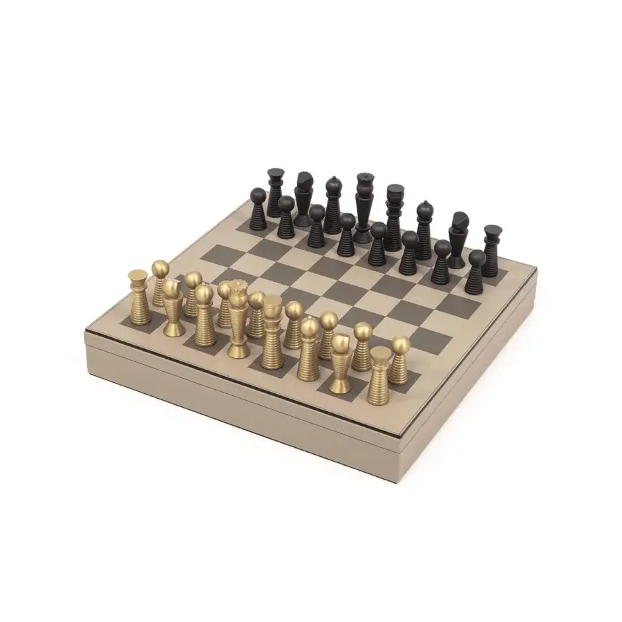 Elegant game board walnut wood, leather with matte warm finish, checkered brown and beige surface, brass black pieces