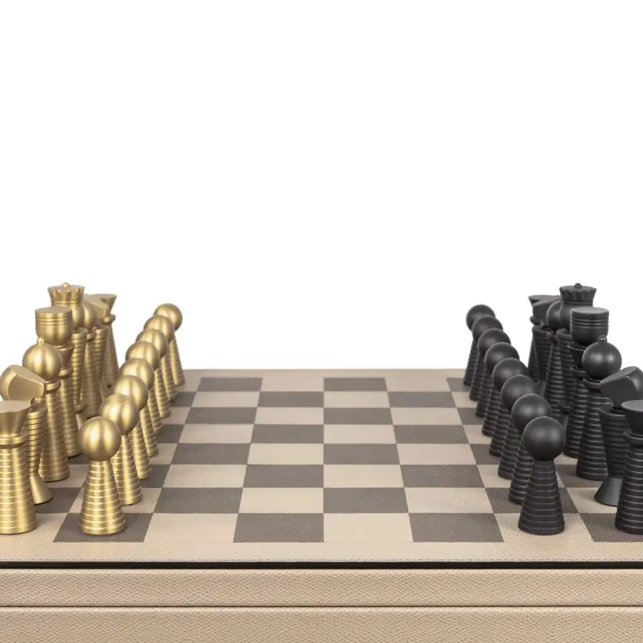 Sophisticated Pinetti Chess & Checkers Game Board with walnut wood and leather, beige‑dark squares, matte black metal set