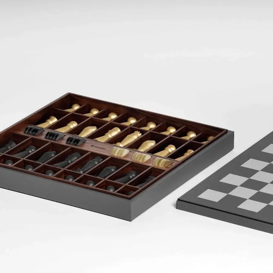 Luxury Pinetti chess board with walnut wood, genuine leather, matte grey exterior, gold-tinted pieces, black checkers, tray