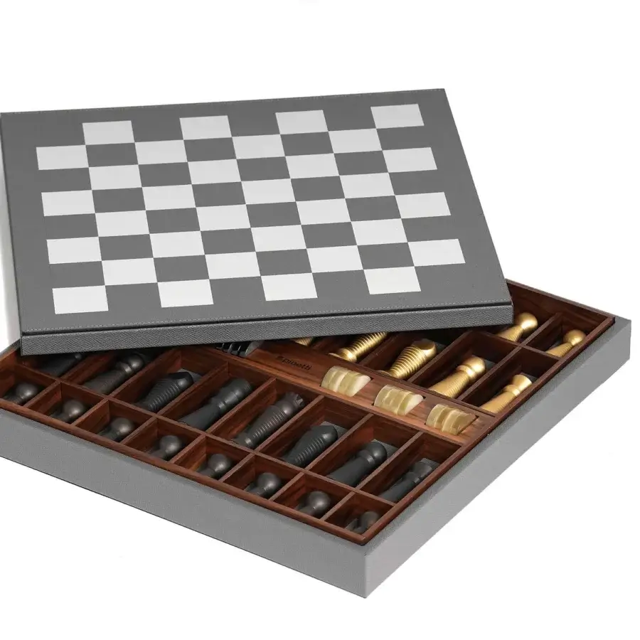 Luxury Pinetti Chess & Checkers Board with walnut wood and leather, matte grey case, checkered lid, black and gold pieces