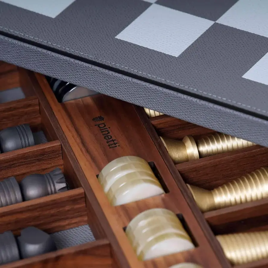Elegant Pinetti Chess & Checkers Game Board with rich walnut wood and leather, rich veneer, light dark gray squares, matte black gold translucent pieces