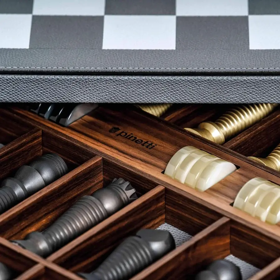 High-end Pinetti Chess & Checkers Game Board with walnut leather, white plus grey textured grid, gold pieces wooden drawer