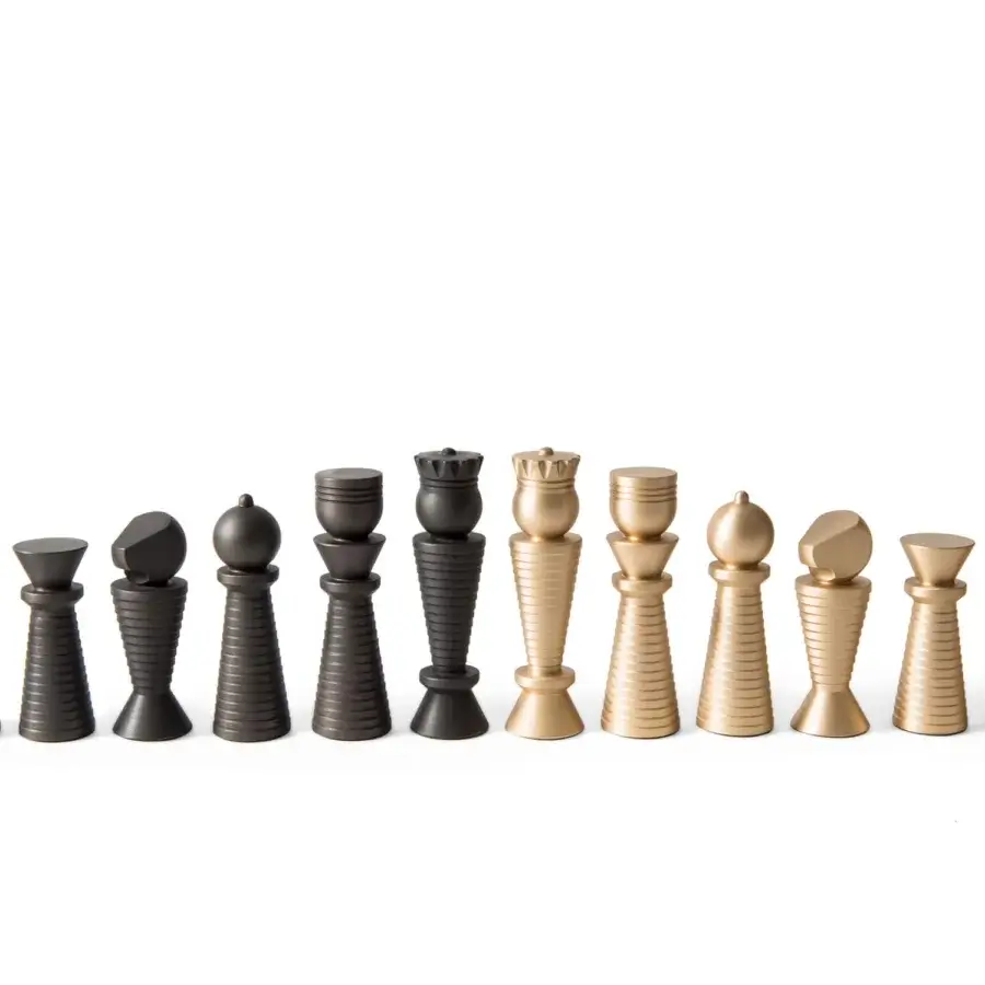 Luxury Pinetti Chess & Checkers Game Board with walnut wood and leather, walnut sheen, black and gold pieces, tapered ribbed base and geometric head