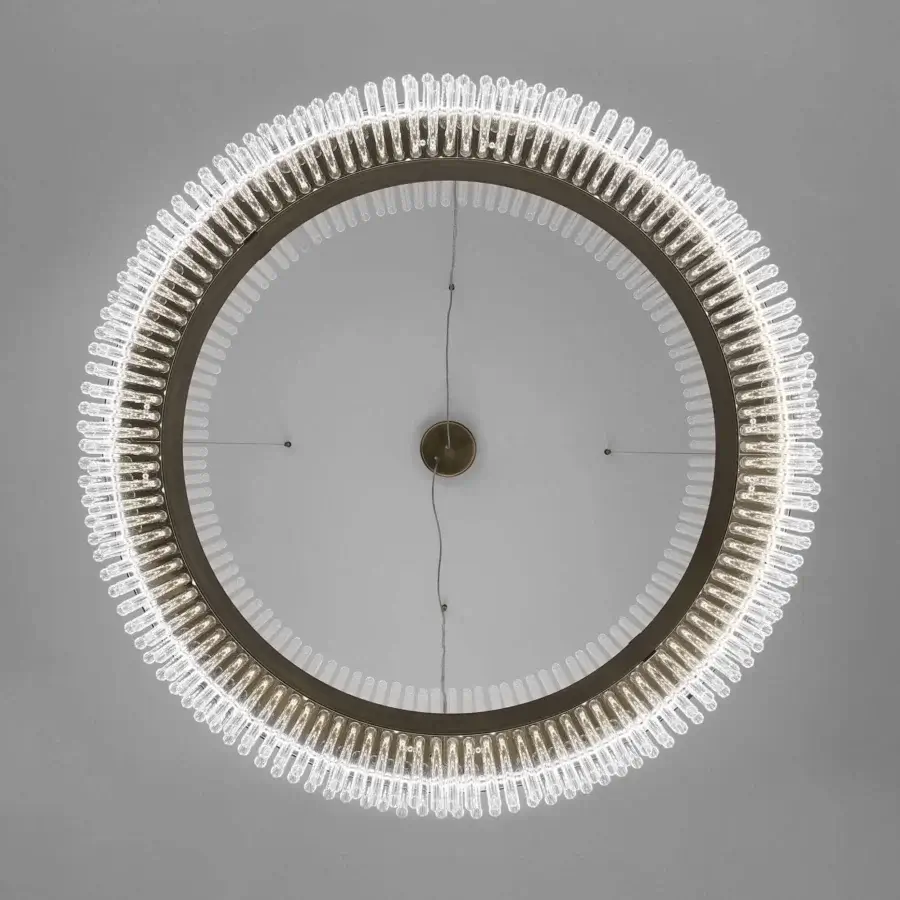 Elegant Italamp Olympia Suspension Lamp with satin‑finished metal ring and white diffusing glass cylinders suspended by thin cables