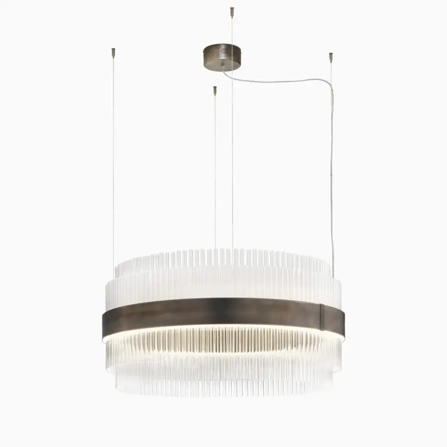 Sophisticated Italamp Olympia Suspension Lamp with slender tiered cylindrical form, central matte bronze ring, transparent glass rods, brushed-metal canopy, warm white LED, soft glow
