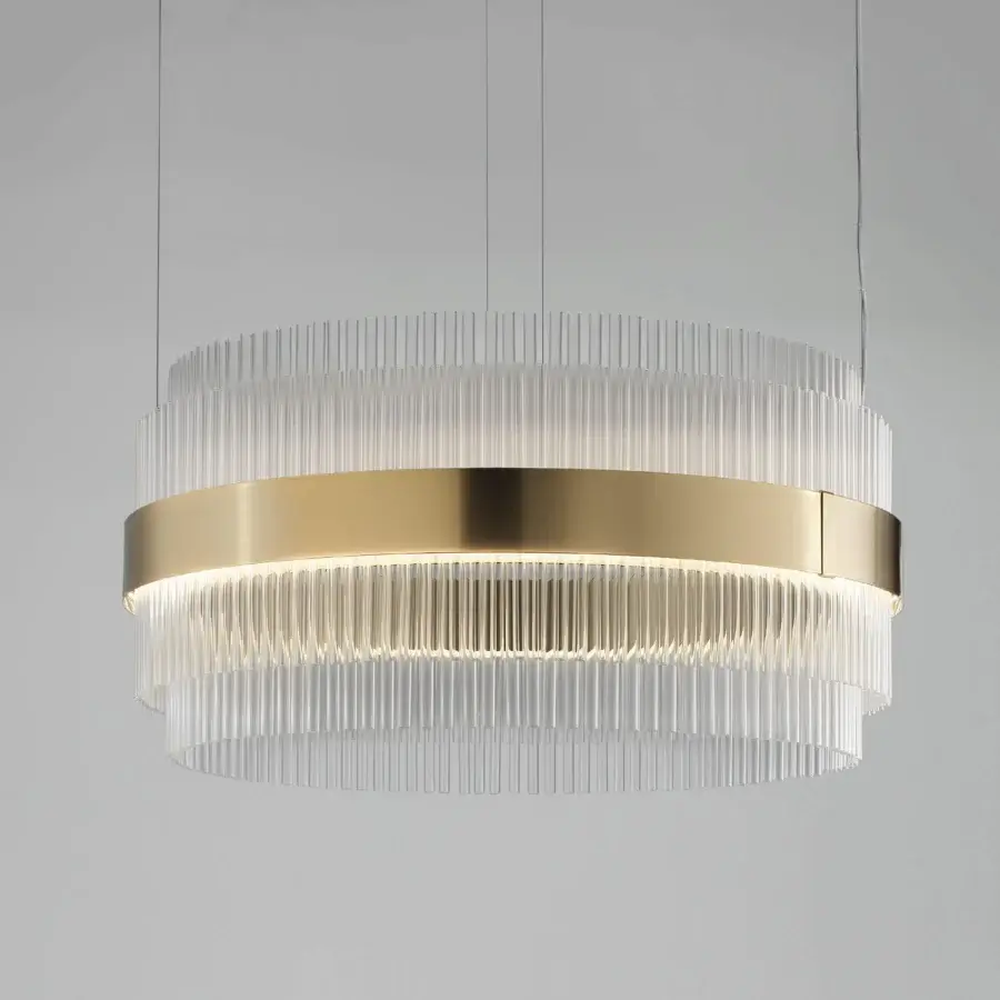 Elite Italamp Olympia lamp with brushed gold metal ring and clear glass rods forming a ribbed silhouette