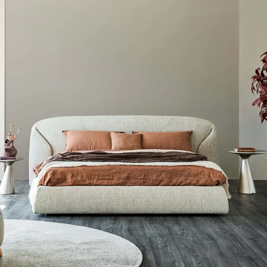 Exclusive Cattelan Italia Richard Bed with light beige‑taupe premium fabric upholstery and soft matte finish
