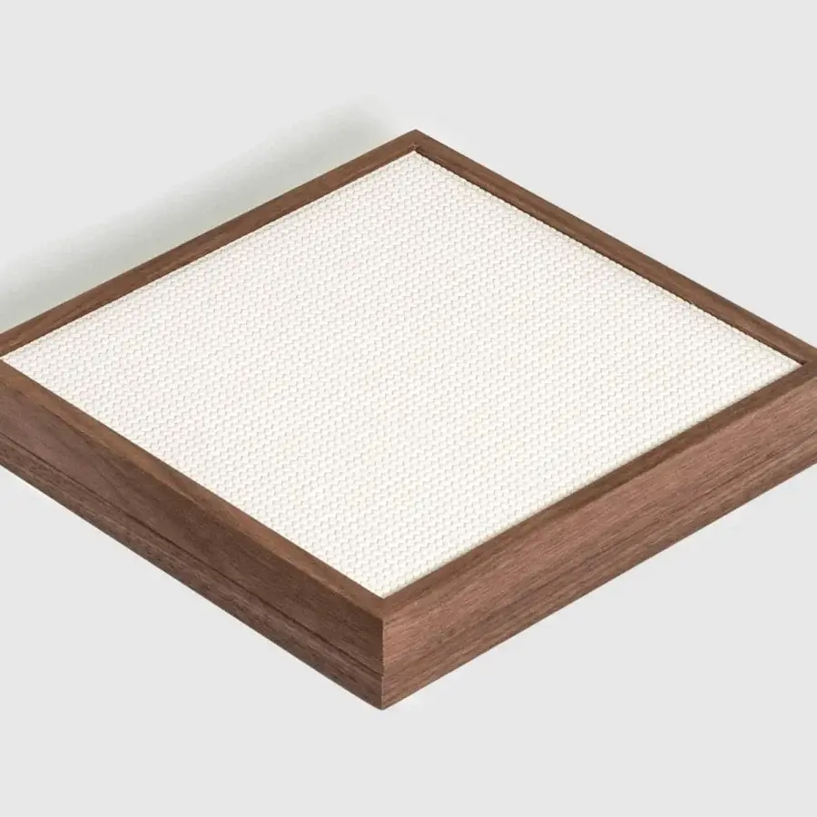 Luxury Pinetti Tangram Box with canaletto walnut wood and off‑white fabric inset, Carrara Calacatta plus Green Guatemala marble