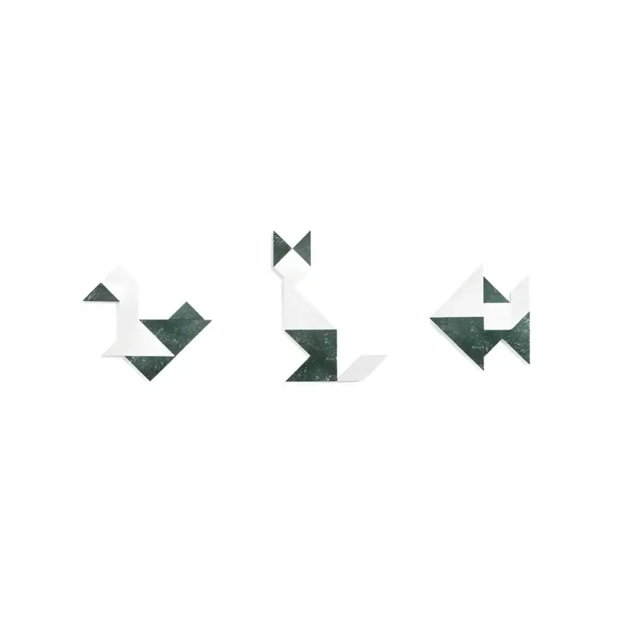Elite Pinetti Tangram Box in Canaletto walnut with Carrara and Green Guatemala marble pieces, green/grey veined stone panels