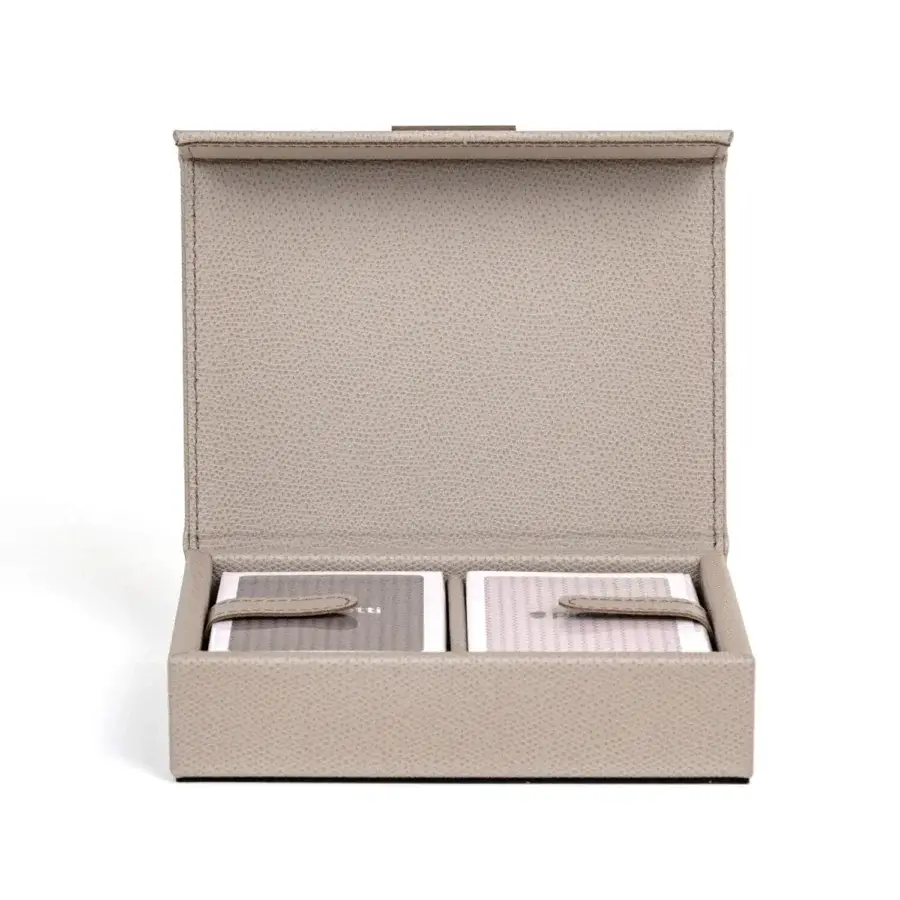 Premium Pinetti Playing Cards Holder with walnut chassis, light taupe leather, matte finish, recessed, grey and off‑white decks