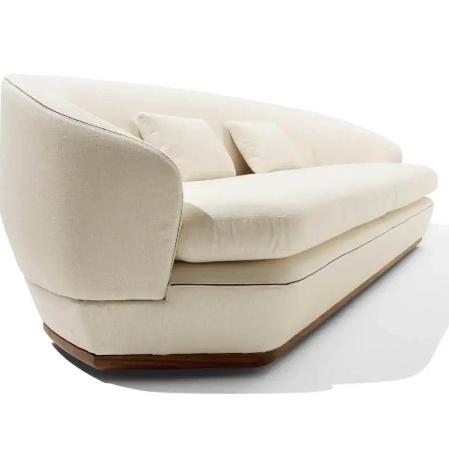Sophisticated Giorgetti Tamino sofa with light beige textile upholstery and Canaletto walnut base crafted with dark trim and metal feet