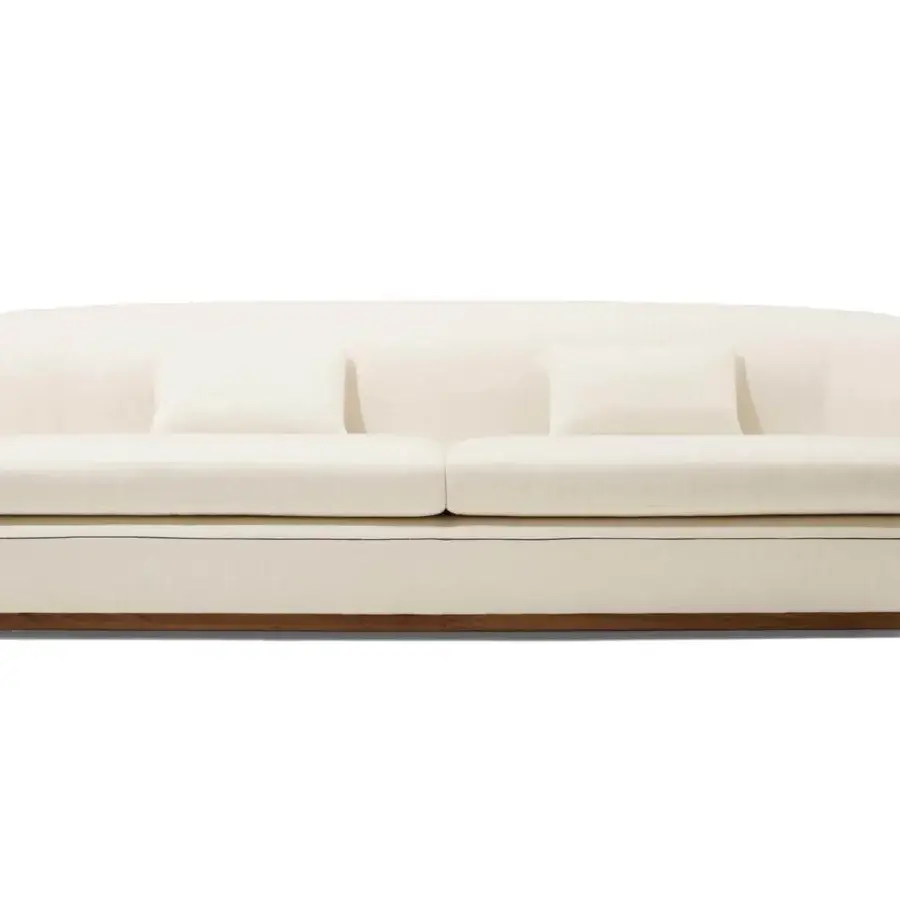 Exclusive Giorgetti Tamino sofa with light textile upholstery, Canaletto walnut base and metal feet, exhibiting refined curved lines