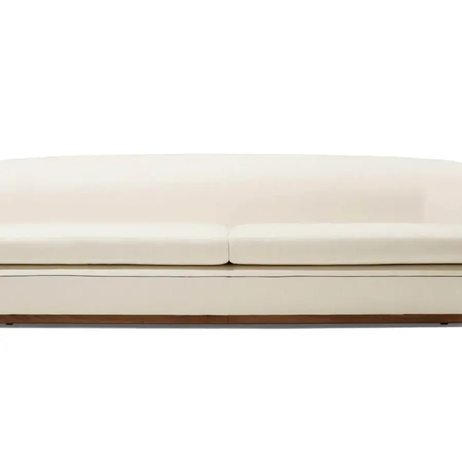 Distinguished Giorgetti Tamino sofa with light cream woven fabric, a Canaletto walnut base and dark leather piping detail