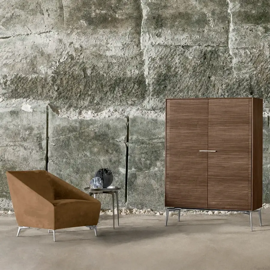 Prestige Alivar Shake Bar cupboard in matte medium‑to‑dark brown wood with inlaid patterns and satin metal legs