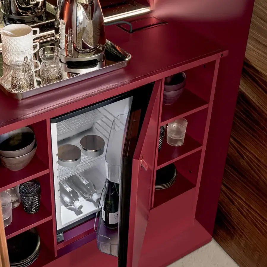 Premium Alivar Shake Bar cupboard lacquered wood, glossy magenta chassis, central refrigerated compartment and flat countertop