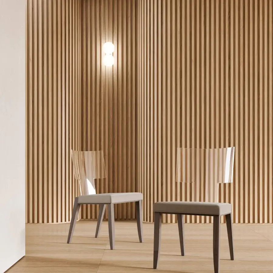 Luxury Costantini Pietro’s Calypso chair beech wood frame matte finish light grey upholstered seat acrylic backrest