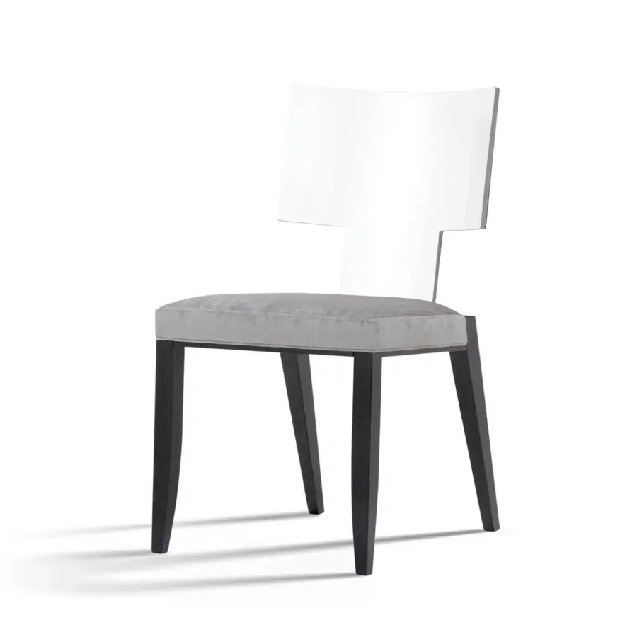 Elegant Costantini Pietro Calipso chair with light grey textile upholstery, solid beech wood high-gloss frame and dark polished wooden legs featuring transparent acrylic backrest
