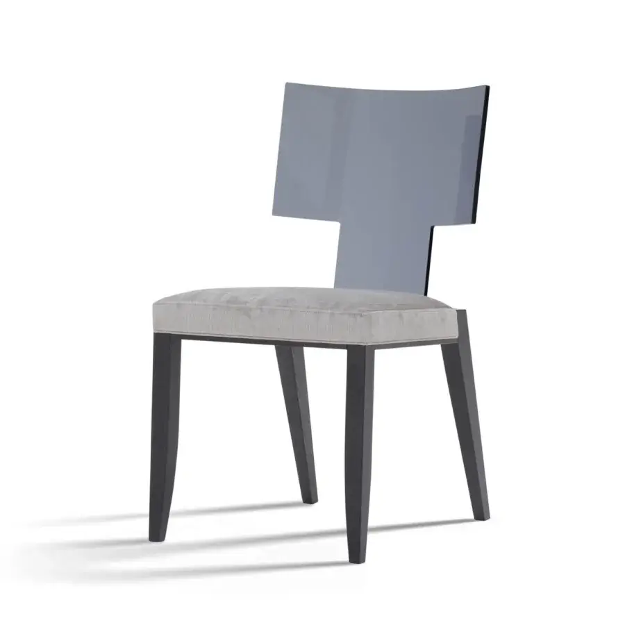 Sophisticated Costantini Pietro Calipso chair, beech matte frame, acrylic T-shaped backrest, upholstery, charcoal legs, blue-grey