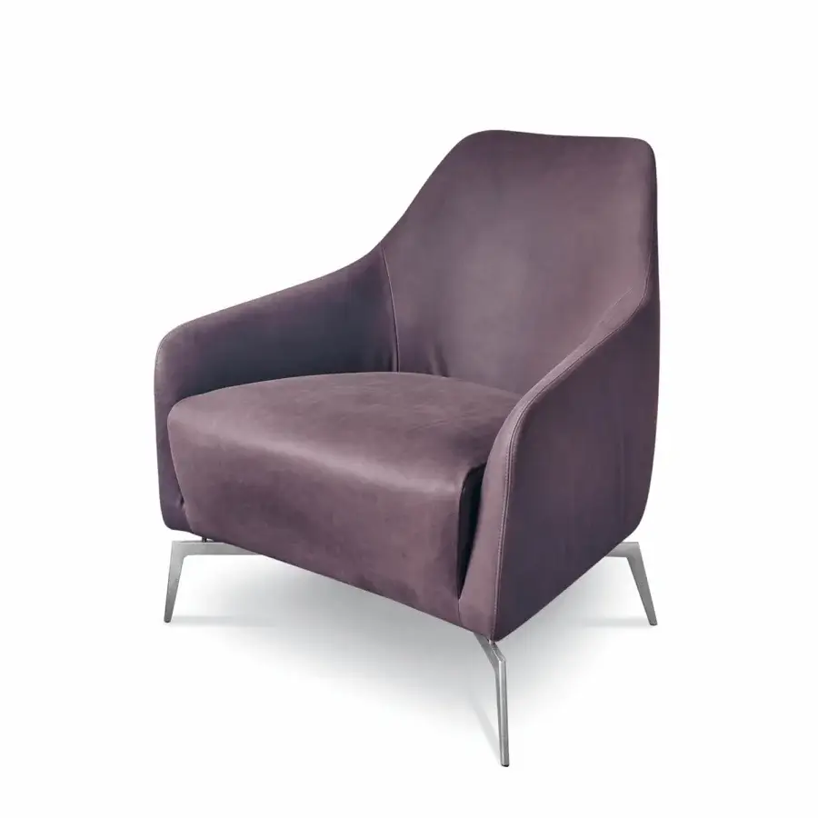 Elegant Alivar Celine lounge chair with deep mauve premium fabric, satin matte metal legs, precision swivel base, curved silhouette.