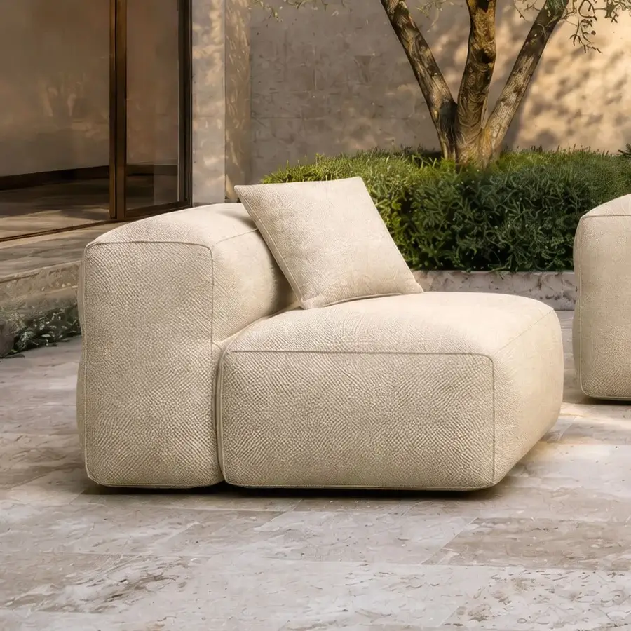 Elegant Gart Mediterraneo lounge chair off-white outdoor fabric resists UV rays and water, rounded modules for simplicity