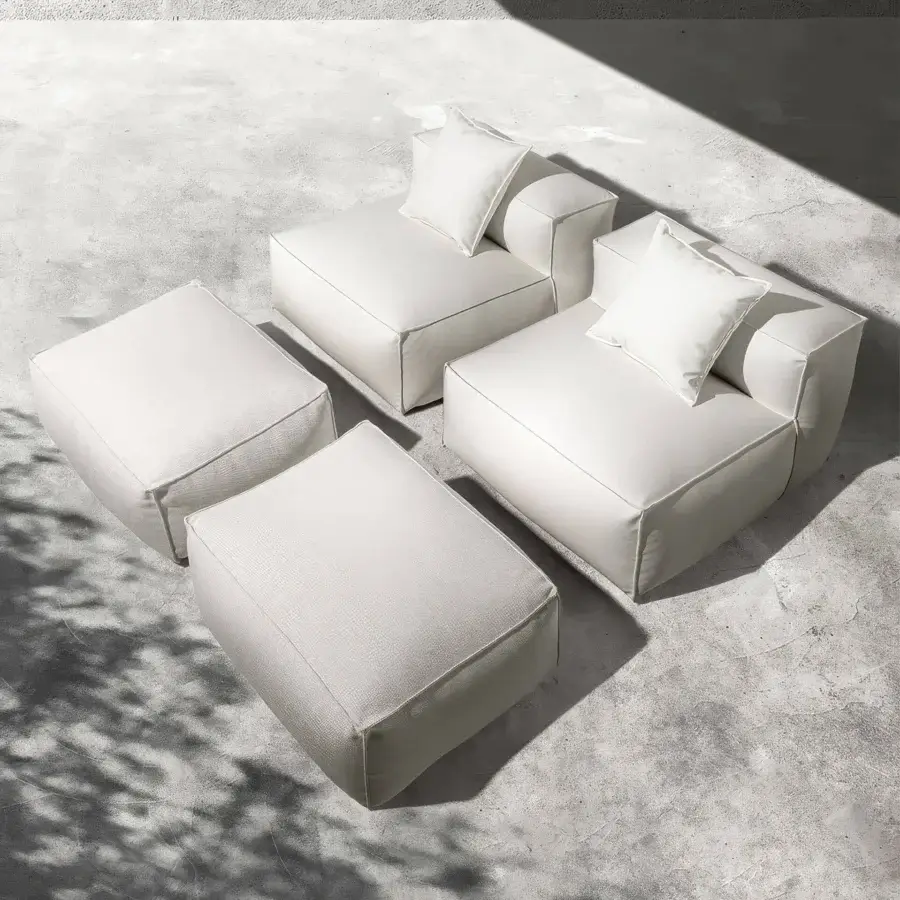 Luxury Gart Mediterraneo lounge chair in white UV-resistant fabric, cubic silhouette, minimalist with rectangular backrest