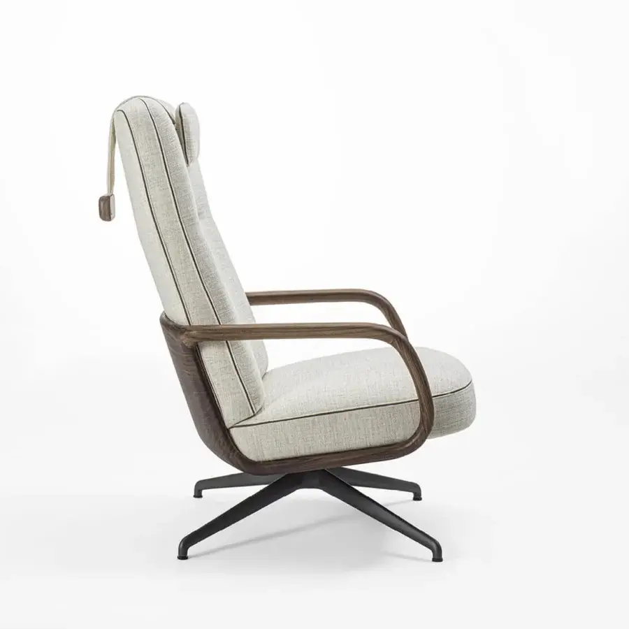 Elegant Porada Cuna lounge chair with organic wooden shell, light grey textile upholstery, dark matte metal base, Italian