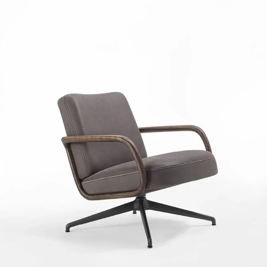 Luxury Porada Cuna Lounge Chair taupe‑grey leather‑like shell with deep cushions, satin grain armrests, matte black metal base