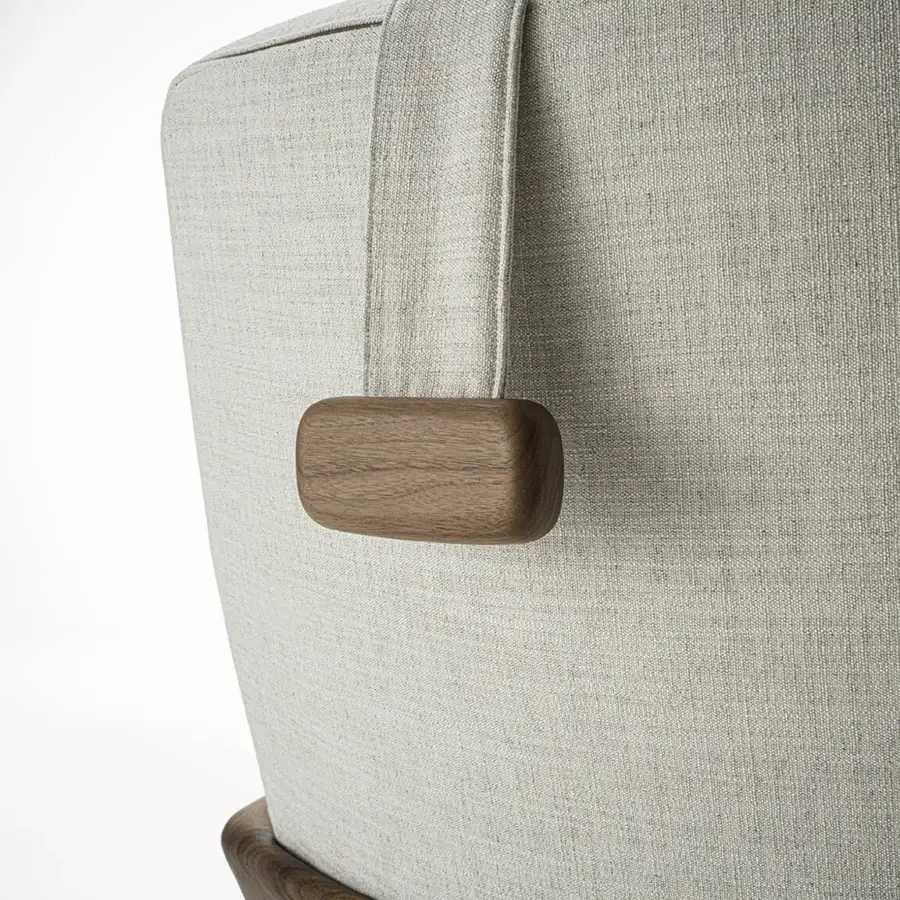 Luxury Porada Cuna lounge chair with high backrest, light-grey beige textile shell and satin‑finished dark brown base