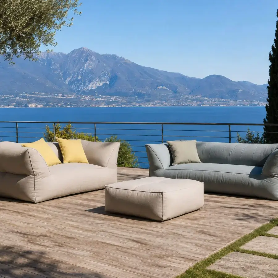 Exclusive Gart Puffone sofa set with beige off‑white and blue‑grey matte outdoor fabric plus yellow cushions