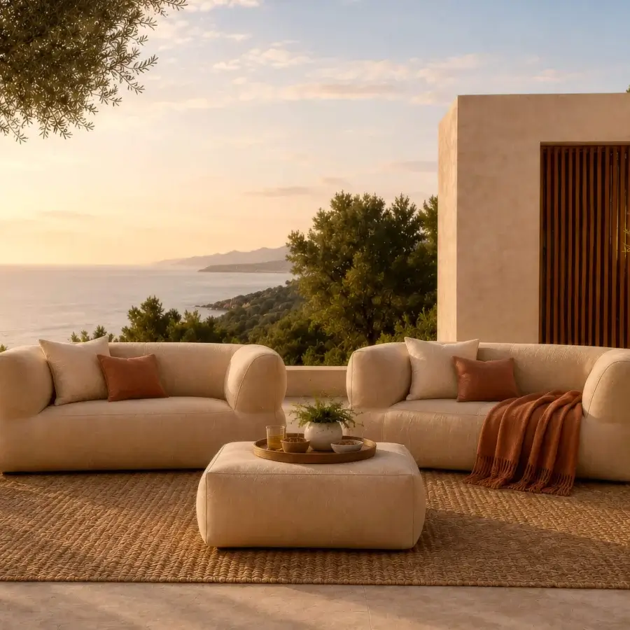 Premium Gart Puffone sofa in matte textured off‑white outdoor fabric with seamless rounded silhouette
